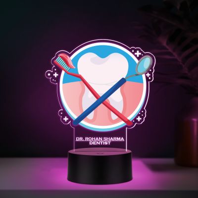 Personalized Dentist LED Night Lamp with Tooth and Dental Tools Design, Color Changing Acrylic Light with Black Base Gift for Dentist Nightlight for Dental Clinic